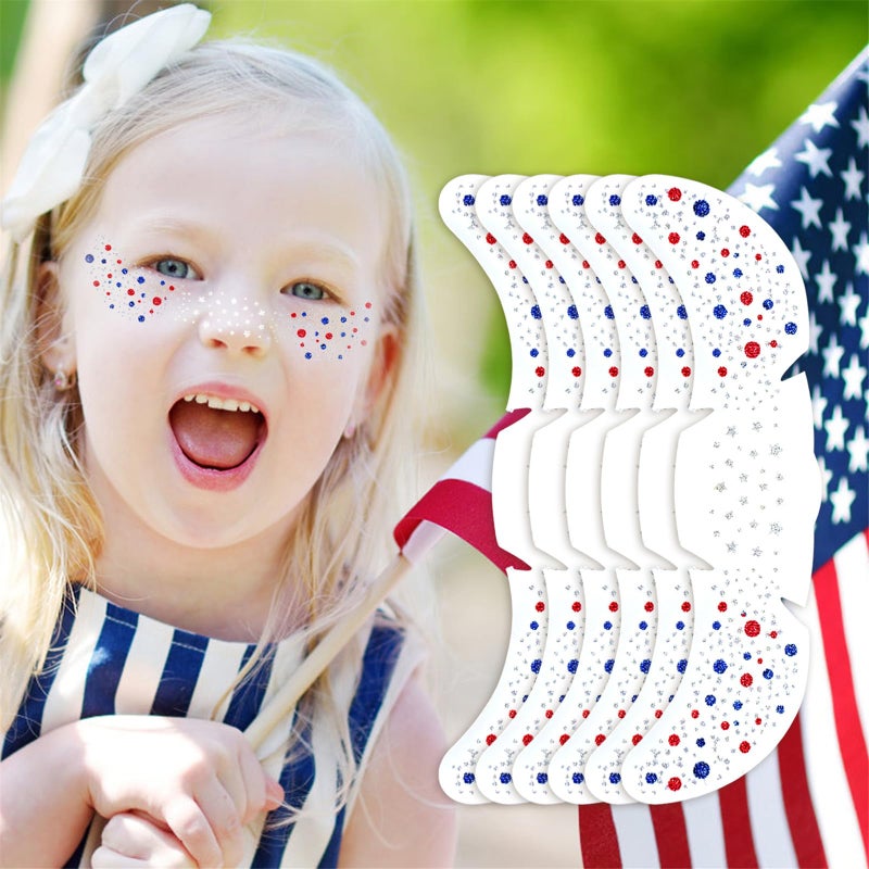 Go Ho Patriotic Red White and Blue Glitter Freckles Face Tattoo,4th of July Freckles Sparkle,4th of July Outfits for Women Kids,Fourth of July Glitter Stickers on Independence Day,6 Pcs - Image 1